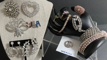Assorted Rhinestone Jewelry Lot: Pins, Rings, Bracelets ( READ Description For Itemization)