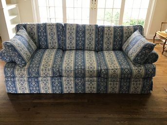 Gorgeous Custom Traditional Style Sofa With Large Down Pillows - Cornflower Blue Striped Floral