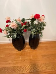 Pair Black Vase With Faux Floral