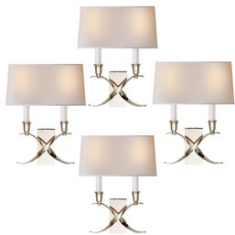 A Set Of 4 Visual Comfort Cross Bouillotte In Polished Nickel With Off White Shades