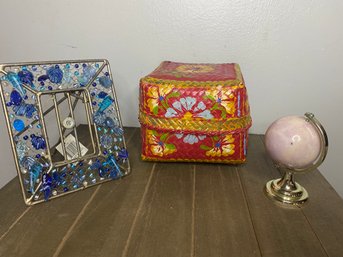 Small Stone Globe, Vintage Red Woven Basket And Metal Frame