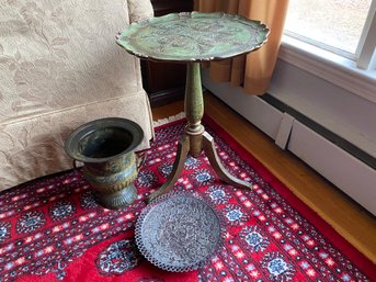 Small Green & Gold Pedestal Table, Metal Urn And Footed Metal Dish