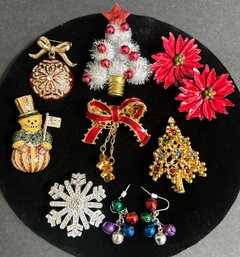 Christmas Costume Jewelry Lot  - Pins, Earrings, Some Pieces Marked ( READ Description For Itemization)