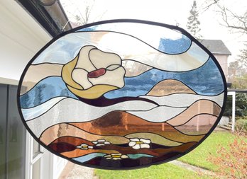 Vintage Stained Glass Window Hanging Of Mountain Scene 27' X 19'