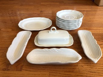 White Tableware - 3 Corn Holders, Mikasa Lidded Butter Dish And 8 Mikasa Saucers