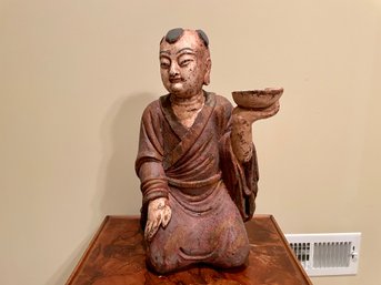 Paint Decorated Wooden Kneeling Monk Figure