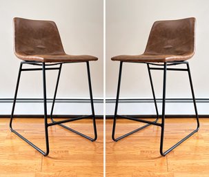 A Pair Of Modern Bar Stools In Brown Leather