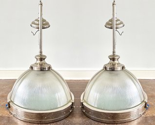A Pair Of Modern Chrome Industrial Style Pendant Lamps By Restoration Hardware