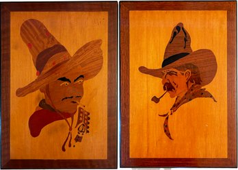 A Pair Of Vintage Inlaid Marquetry Art Panels - Figural