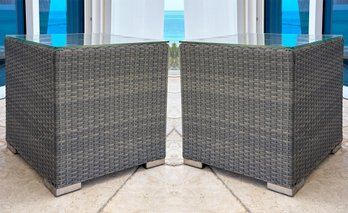 A Pair Of Modern Outdoor Resin Wicker Cube End Tables With Glass Tops By Harmonia Living