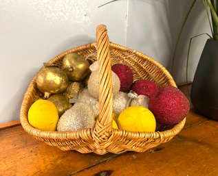Wicker Basket Filled With Beaded And Wooden Fruit