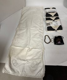 Khaki Table Cotton Linen With Flower Design & 2 Johanne Pillow Covers & 1 Bracelet, Earrings & Bag       C3