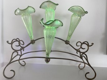 Antique Victorian Art Glass 5 Lily Opalescent Epergne  13.5x5.5x12in Nouveau Gorgeous