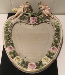 Antique Cherub Heart Shape Porcelain Beveled Mirror, Flowers