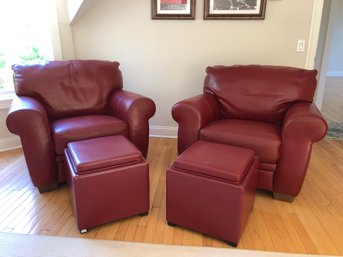 Two Large Red Leather Club Chairs With Coordinating Vinyl Storage Ottomans