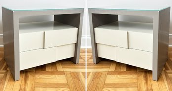 A Pair Of Modern Nightstands With Custom Glass Tops