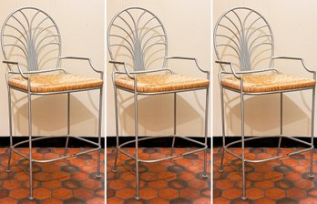 A Trio Of Vintage Wrought Iron Rush Seated Bar Stools