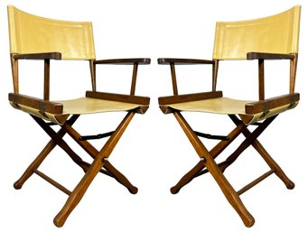 A Pair Of Vintage Mahogany Directors Chairs With Khaki Leather Seats And Backs