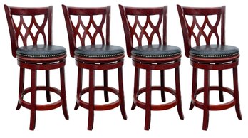 A Set Of 4 Cherry Wood And Leather Bar Stools