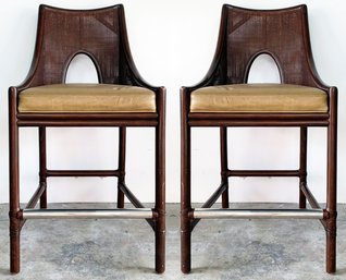 A Pair Of Rattan And Cane Counter Stools With Suede Seats By Mark David