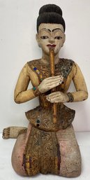 Vintage Hand Carved Wooden Asian Figure Of A Woman Playing A Horn - Bejewelled - Unmarked