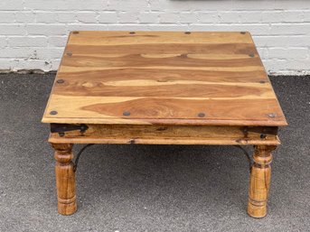 Square Sheesham Wood Coffee Table With Metal Corner Bracket Detail And Turned Legs