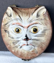 Vintage French Limoges Hand Painted Porcelain Cat Face Trinket/ Pill Box