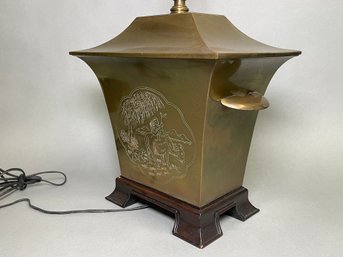 Asian Inspired Etched Brass & Wood Lamp