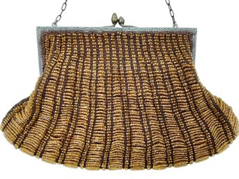 Vintage Micro Beaded Purse With Subtle Scalloped Edge, Unmarked Etched Metal Frame & Metal Chain Handle