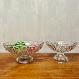 A Pair Of Antique Glass Fruit Bowls With Ceramic Fruit