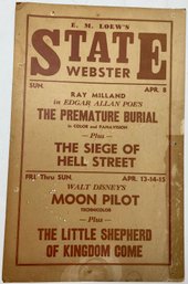 Vintage 1962 Film Movie Poster - Lowes State Theatre - Edgar Allan Poe: Pre-Mature Burial - Disney Moon Pilot