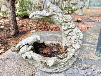 Vintage Outdoor Statuary Fountain With Birds On Flowering Tree Branch