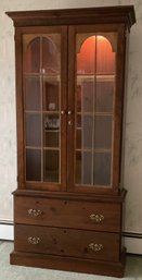 Vintage Dark Pine Light Up Thin Cabinet, Glass Doors , Key