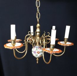 A Vintage Hand Decorated Brass & Ceramic Portugese Chandelier
