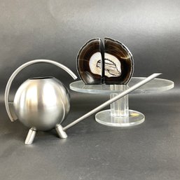 Lucite Pedestal, Stainless Steel Water Can And Agate Bookends