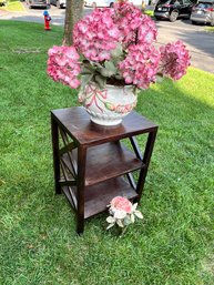 Table, Planter With Faux Flowers, Small Flowers On Stand