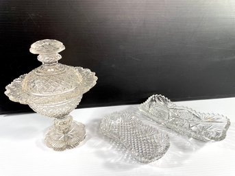 Cut Glass Crystal Covered Candy Footed Bowl And Oblong Sawtooth Cut Glass Bowls