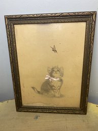 Signed Kitty Cat Pencil Sketching Mid Century-some Water Damage