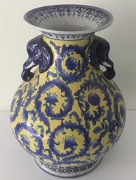 Stunning Blue & Yellow Decorative Vase, Elephant Trunk Handle Sides.