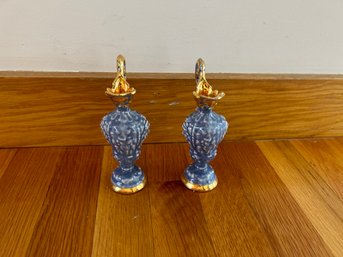 Set Of 2 Procleain Blue Vase With Gold Color On Top