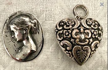 Vintage Romantic Lot - Sterling Silver Bust Of Young Lady Pendant-Brooch & Plate Ornate Bulky Heart Pendant