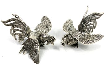 Pair Of Heavy Silver Plate Rooster Sculptures