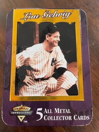 1996 Metallic Impressions 5 All Metal Collector Cards Of Lou Gehrig In Commemorative Tin.