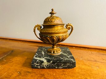 Vintage Marble And Brass Inkwell