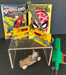 Vintage Misc. Toy Lot: 2 Lesney Matchbox Cars, 1977 Mighty Marvel And Spidey-Sense Puzzle Books Unused More