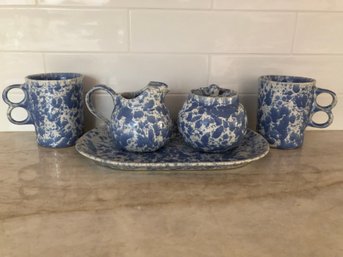 Bennington Potters Morning Glory Blue Glaze - Trigger Mugs, Cream Pitcher, Sugar Bowl And Tray