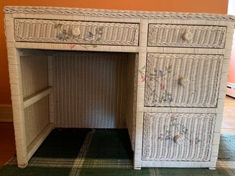 Painted White Wicker Writing Desk & Chair