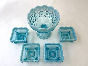 Vintage Antique LE Smith Moon & Star Blue Glass Pedestaled Bowl & 4 Matching Square Bowls