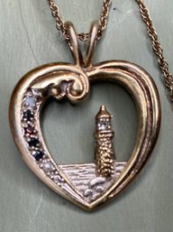 Religious Heart-Shaped, Lighthouse Necklace - Faith Is My Beacon Of Hope - Sterling - 7K - AD - Gemstone Chips