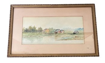 Framed Watercolor Of Houses On A Lake